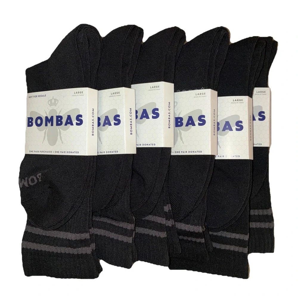 BOMBAS Socks Men's L (US 9.5-13) Black Gray Stripe Calf Logo NEW Lot Of 6